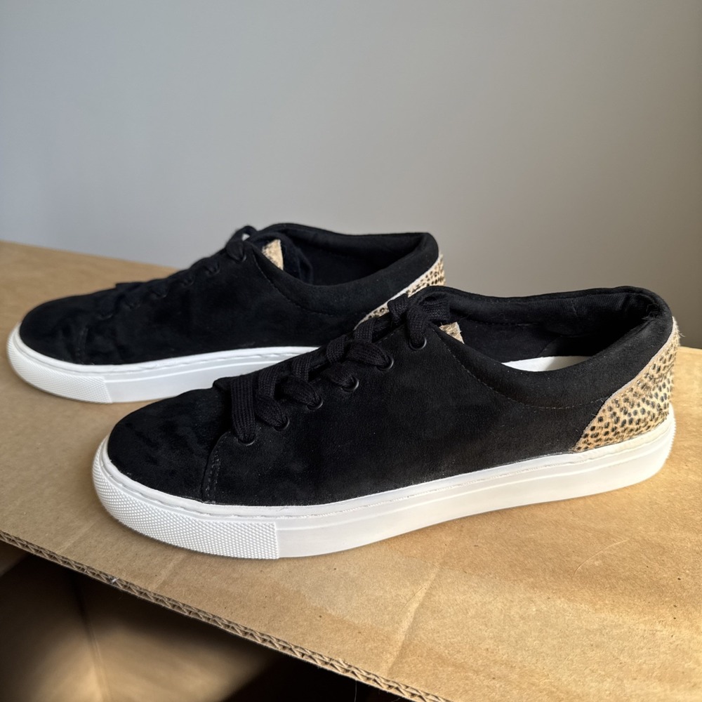 J. Crew Womens 7 Road Trip‎ Microsuede Black Sneakers Leopard Calf Hair Trim